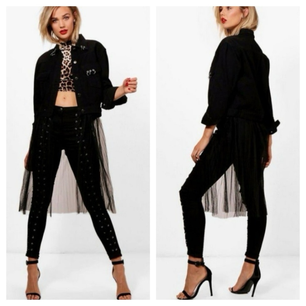 Pierced Black Denim Jacket w Detachable Sheer Tulle Panel - Picture 2 of 16